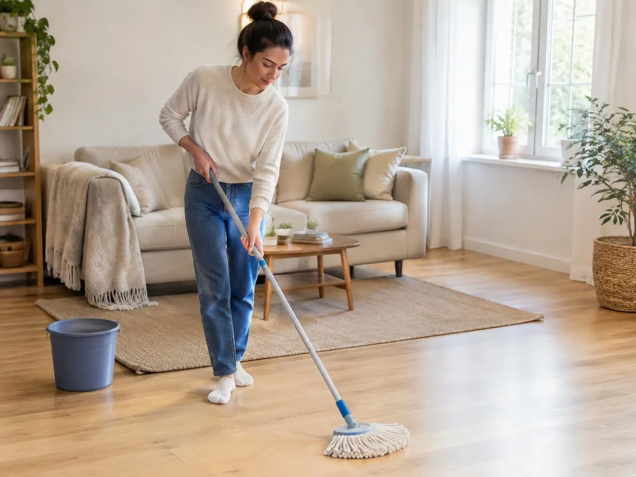 Lavage du parquet d’un salon lumineux